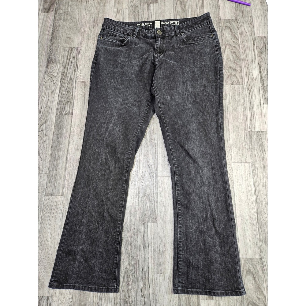 Sonoma Bootcut Jeans Womens 16 Faded Black Flap Pocket Stretch Denim